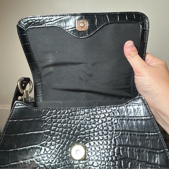 Black Croc Embossed Shoulder Bag Faux Leather Flap Closure Evening Purse‎ - Picture 5 of 6